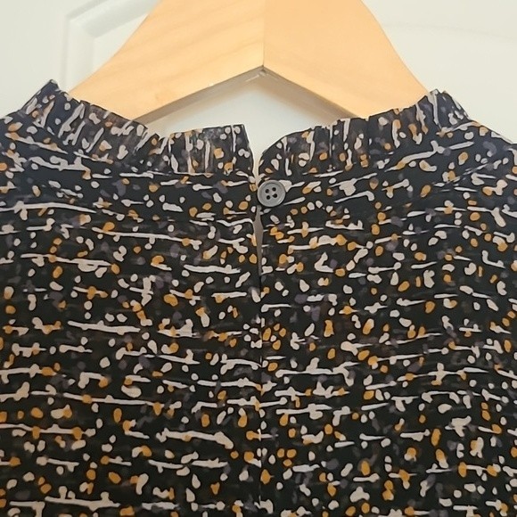 Loft Blouse High Neck Long Sleeve Sheer Black Gray Mustard Cream Print Size M - Picture 8 of 12